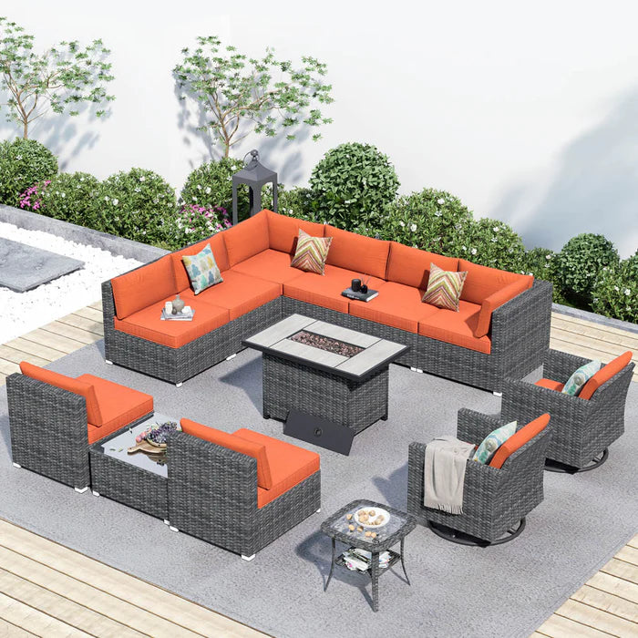 Patio Furniture 13-Piece Outdoor Sectional Sofa Set with Wicker Rocking Swivel Chairs and 42.12'' Fire Pit