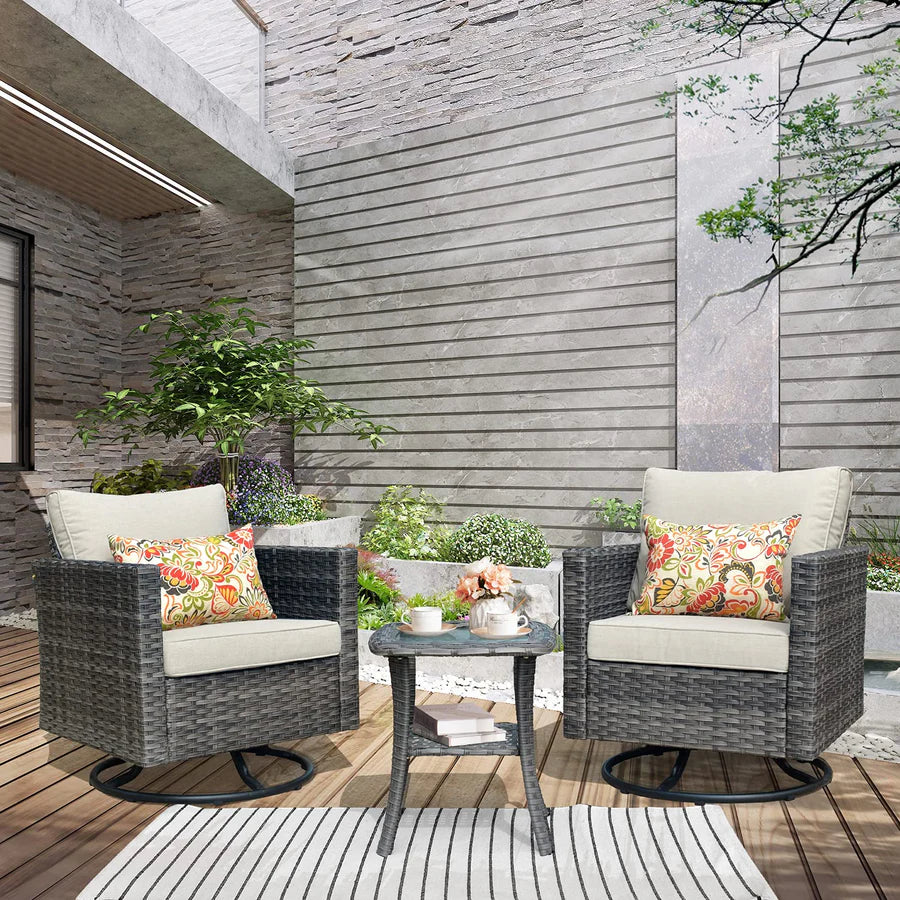 Patio Furniture 3-Piece Set with Swivel Chairs and Table Square Shape Armrest