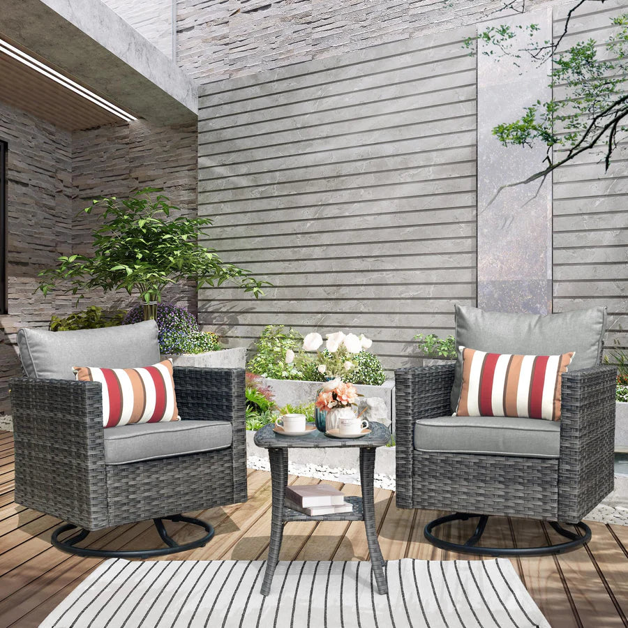 Patio Furniture 3-Piece Set with Swivel Chairs and Table Square Shape Armrest