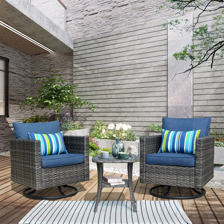 Patio Furniture 3-Piece Set with Swivel Chairs and Table Square Shape Armrest