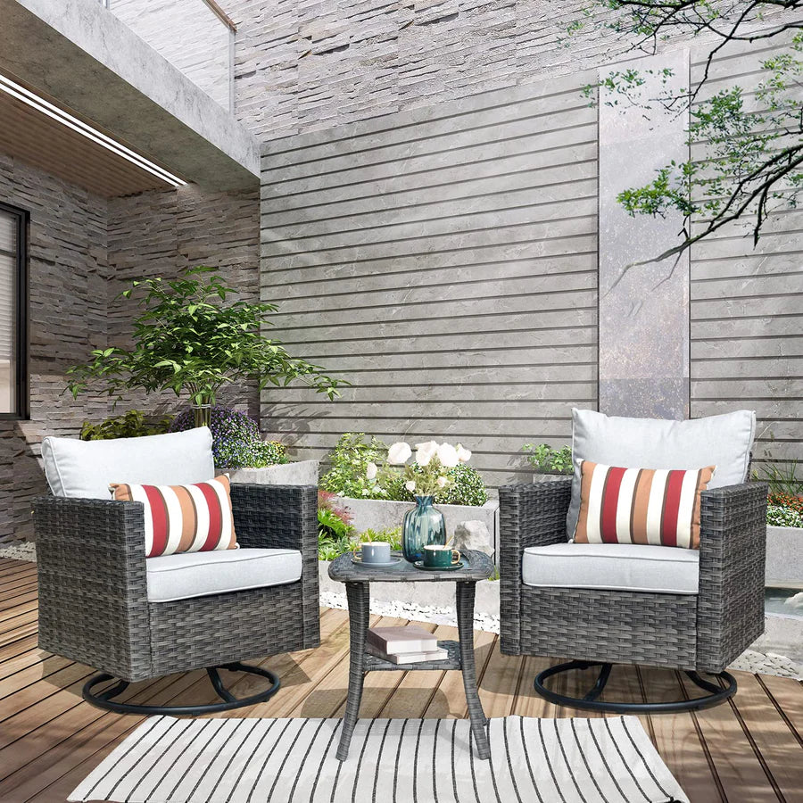 Patio Furniture 3-Piece Set with Swivel Chairs and Table Square Shape Armrest