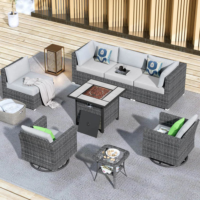 Patio Furniture 8-Piece Outdoor Sectional Sofa Set with Wicker Rocking Swivel Chairs and 30'' Fire Pit