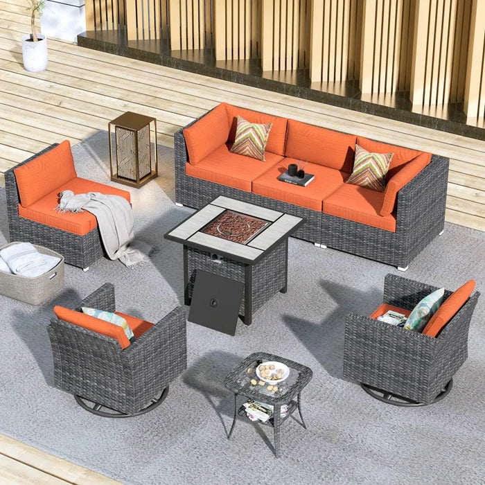 Patio Furniture 8-Piece Outdoor Sectional Sofa Set with Wicker Rocking Swivel Chairs and 30'' Fire Pit