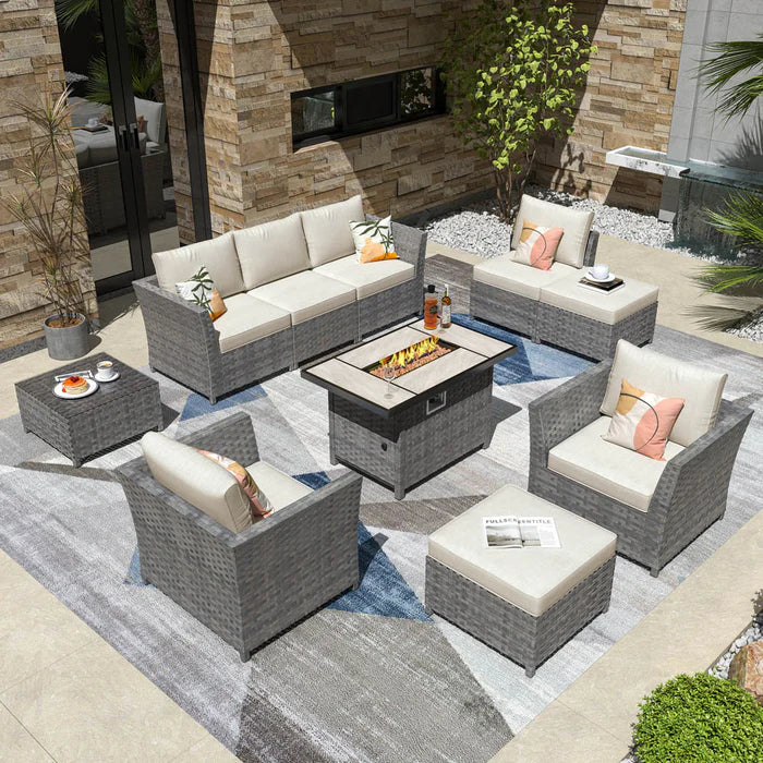 New Rimaru Series Patio Furniture Set 10-Piece include 42"Rectangle Fire Pit Table Partially Assembled