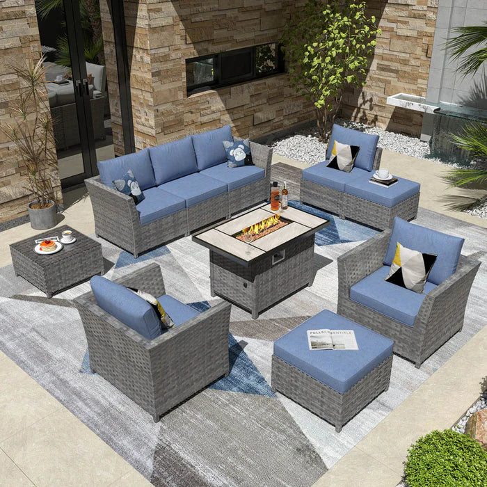 New Rimaru Series Patio Furniture Set 10-Piece include 42"Rectangle Fire Pit Table Partially Assembled