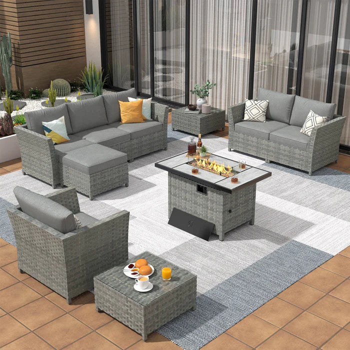 New Rimaru Series Patio Furniture Set 10-Piece include 42"Rectangle Fire Pit Table Partially Assembled