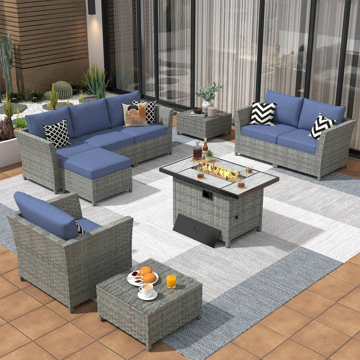 New Rimaru Series Patio Furniture Set 10-Piece include 42"Rectangle Fire Pit Table Partially Assembled