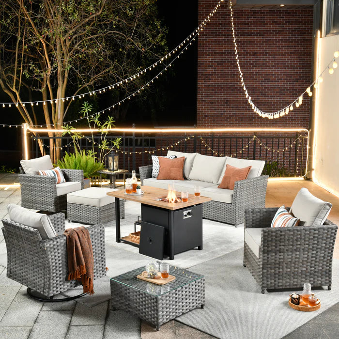 Patio Furniture Set 10-Piece include 42"Rectangle Fire Pit Table&Swivel Chairs, Partially Assembled,BRS Series