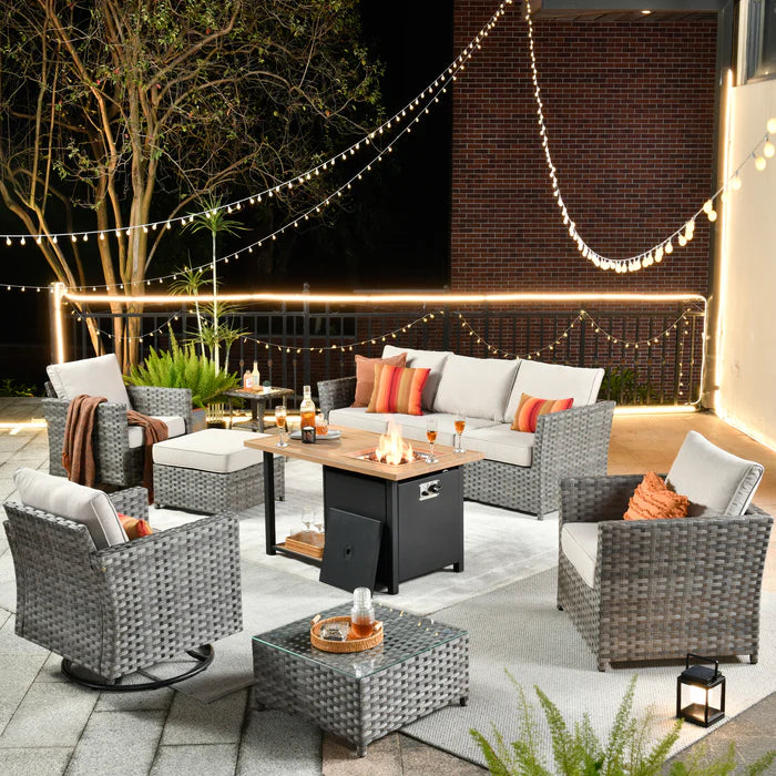 Patio Furniture Set 10-Piece include 42"Rectangle Fire Pit Table&Swivel Chairs, Partially Assembled,BRS Series