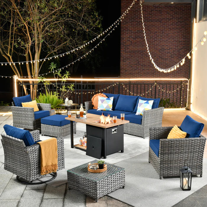 Patio Furniture Set 10-Piece include 42"Rectangle Fire Pit Table&Swivel Chairs, Partially Assembled,BRS Series