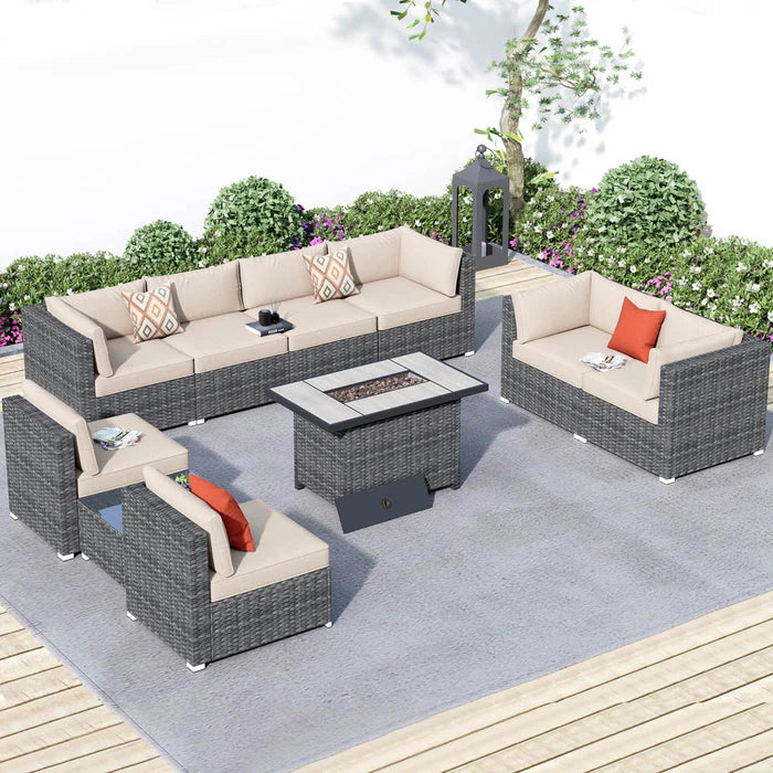 Patio Furniture Set 10-Piece with All Weather Rattan Wicker Sofa and 42.12'' Fire Pit