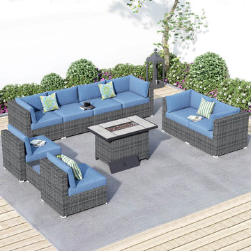Patio Furniture Set 10-Piece with All Weather Rattan Wicker Sofa and 42.12'' Fire Pit