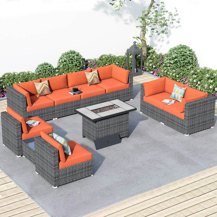 Patio Furniture Set 10-Piece with All Weather Rattan Wicker Sofa and 42.12'' Fire Pit