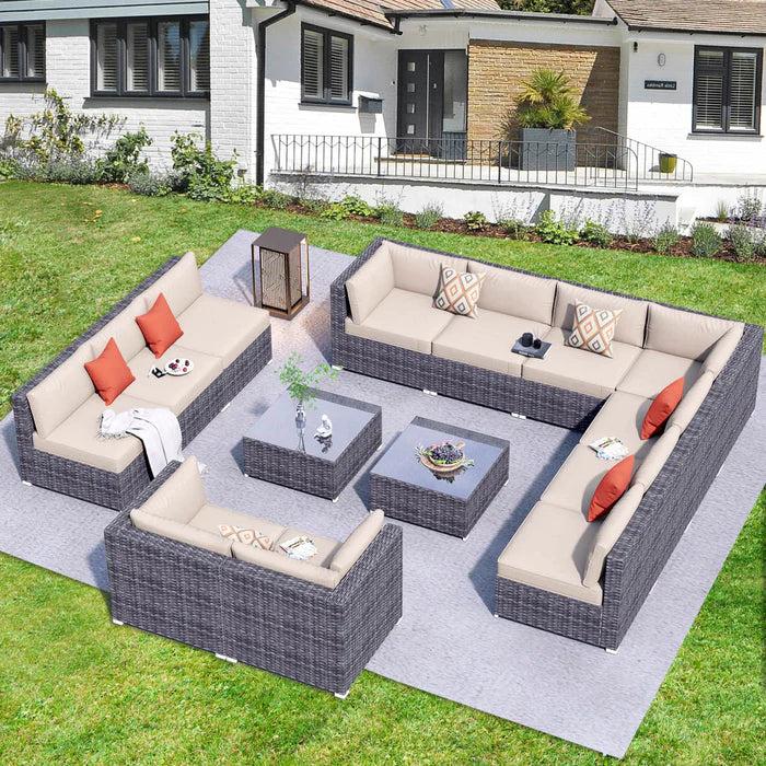 Patio Furniture Set 14-Piece with All Weather Rattan Wicker Sofa and Tempered Glass Table