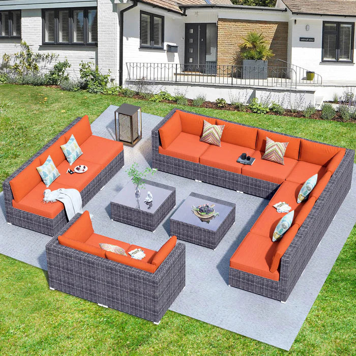 Patio Furniture Set 14-Piece with All Weather Rattan Wicker Sofa and Tempered Glass Table