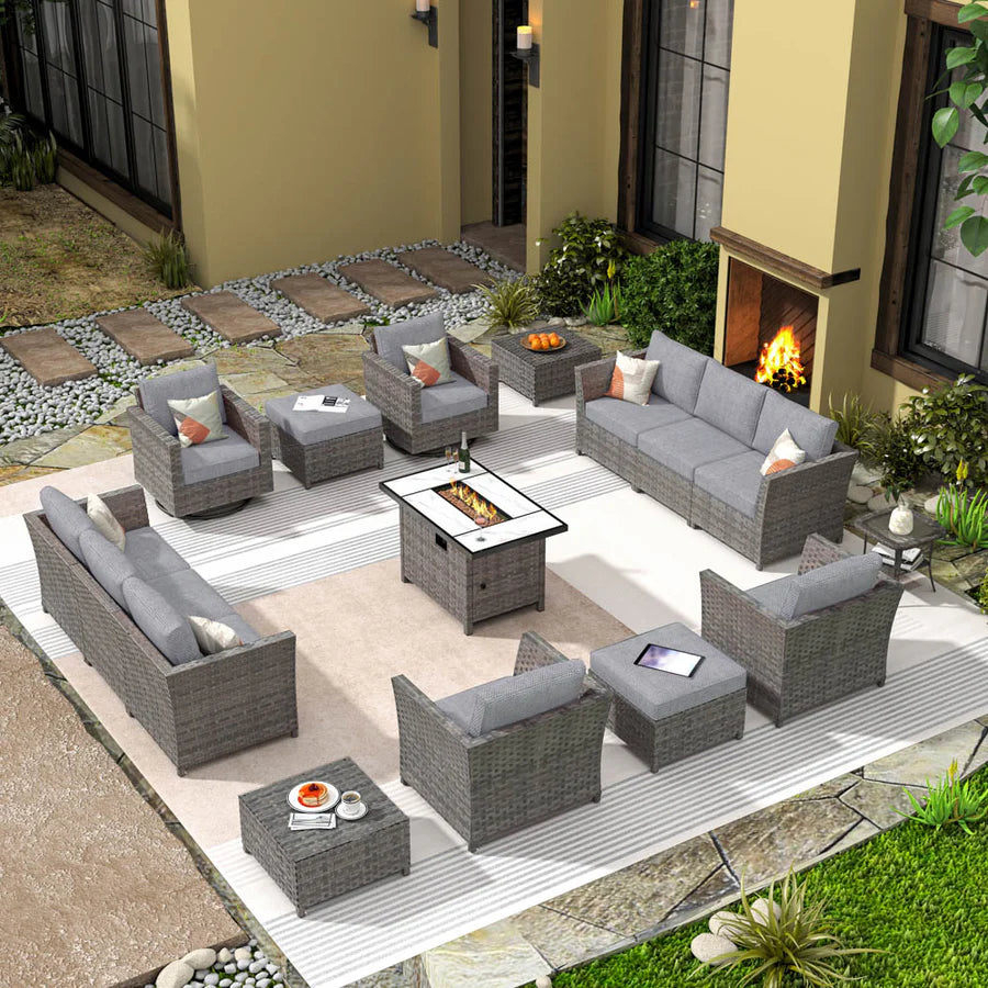 New Rimaru Series Patio Furniture Set 16-Piece include Swivel Chairs and 42"Rectangle Fire Pit Table Partially Assembled