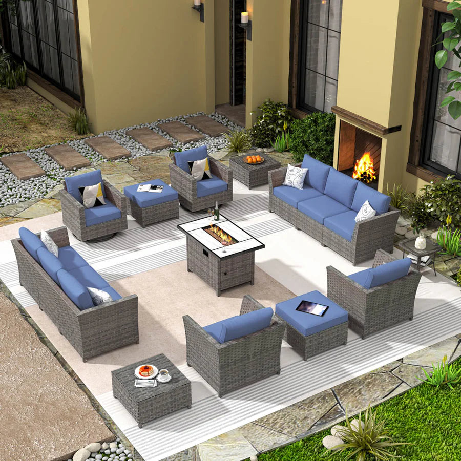 New Rimaru Series Patio Furniture Set 16-Piece include Swivel Chairs and 42"Rectangle Fire Pit Table Partially Assembled
