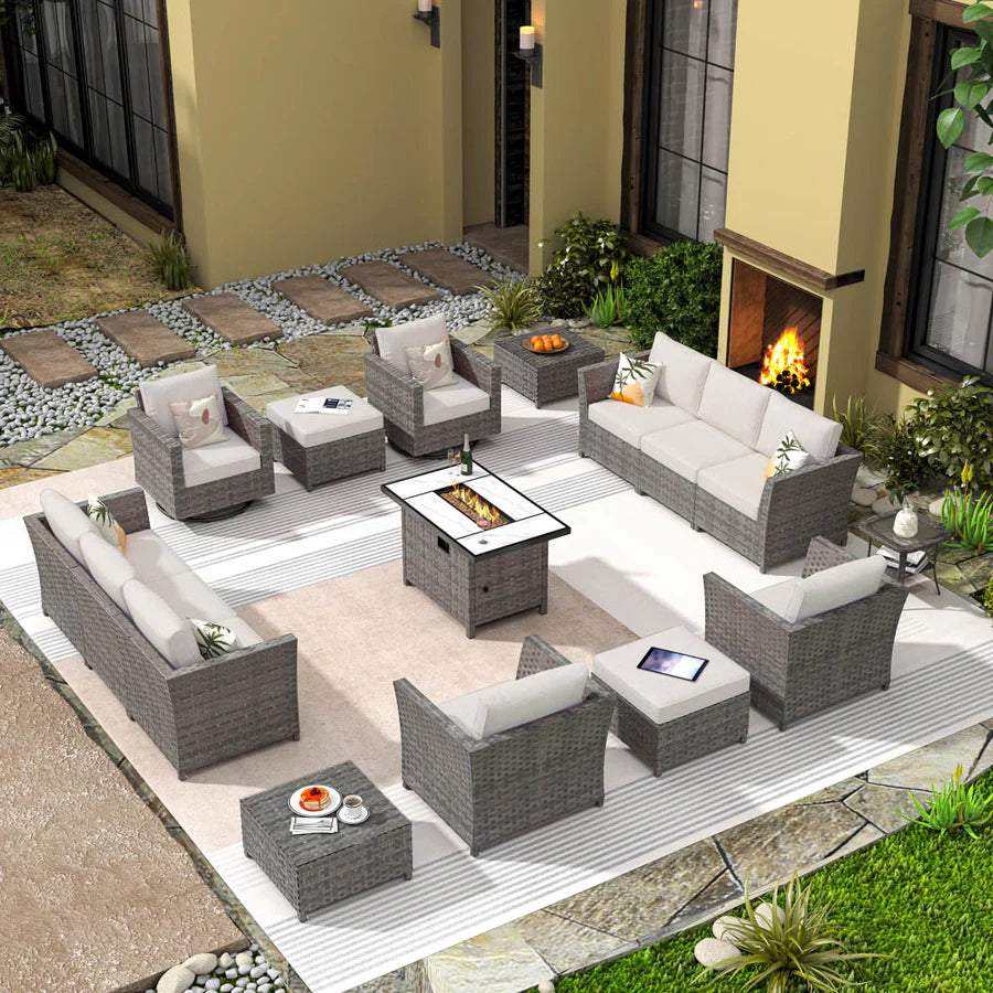New Rimaru Series Patio Furniture Set 16-Piece include Swivel Chairs and 42"Rectangle Fire Pit Table Partially Assembled
