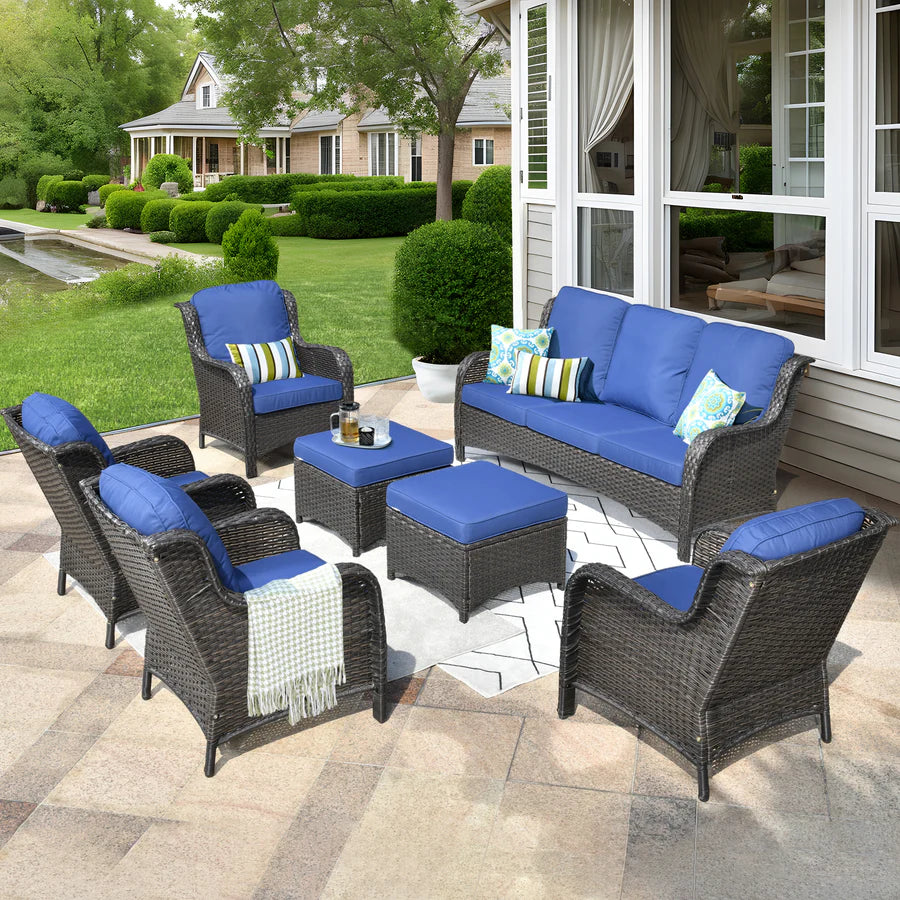 Patio Furniture Set 7-Piece With Cushions Kenard Curved Handrest