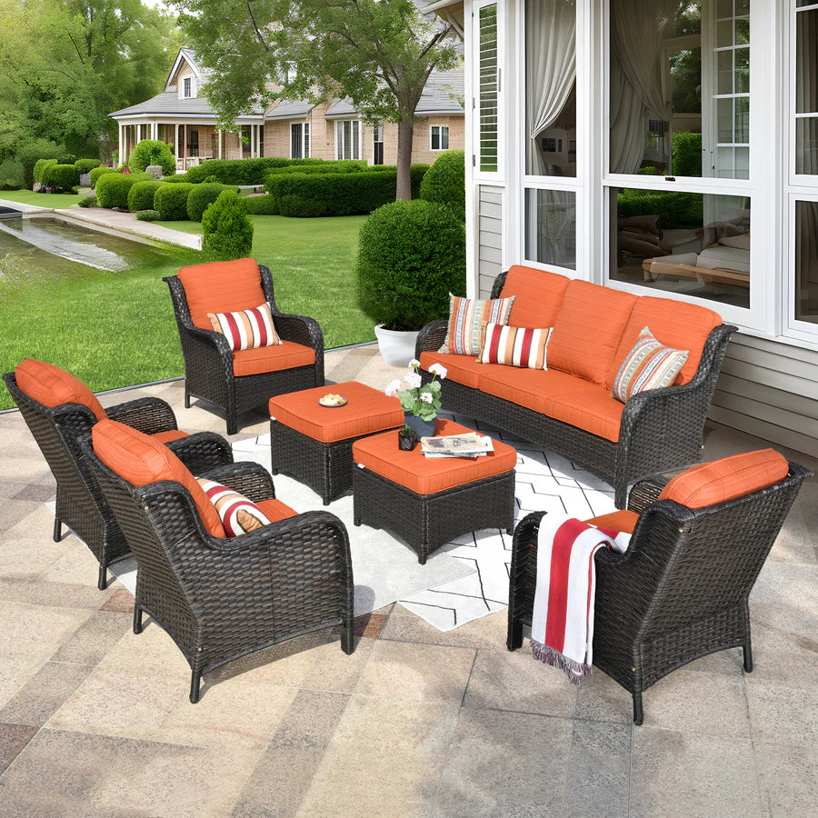 Patio Furniture Set 7-Piece With Cushions Kenard Curved Handrest