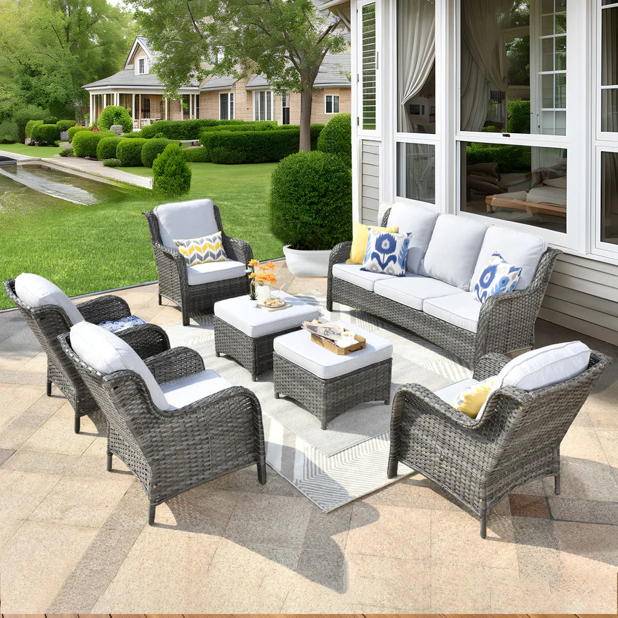 Patio Furniture Set 7-Piece With Cushions Kenard Curved Handrest