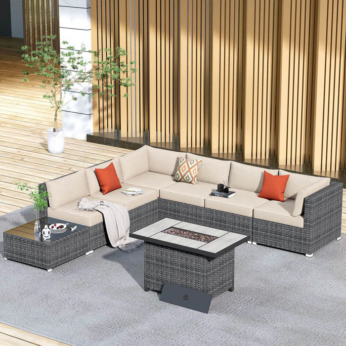 Patio Furniture Set 8-Piece with All Weather Rattan Wicker Sofa and 42.12'' Fire Pit