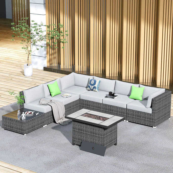 Patio Furniture Set 8-Piece with All Weather Rattan Wicker Sofa and 42.12'' Fire Pit