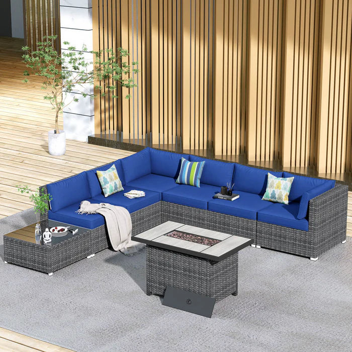 Patio Furniture Set 8-Piece with All Weather Rattan Wicker Sofa and 42.12'' Fire Pit