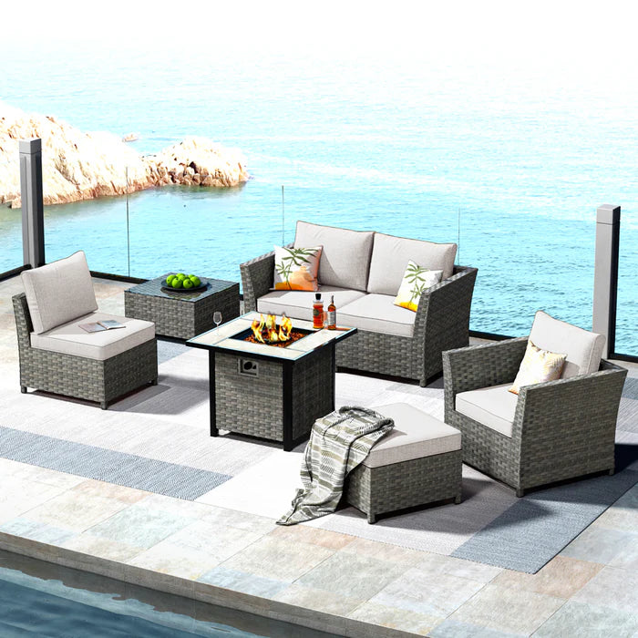 Patio Furniture Set New Rimaru 7-Piece Set include 30'' Square Fire Pit Table Partially Assembled