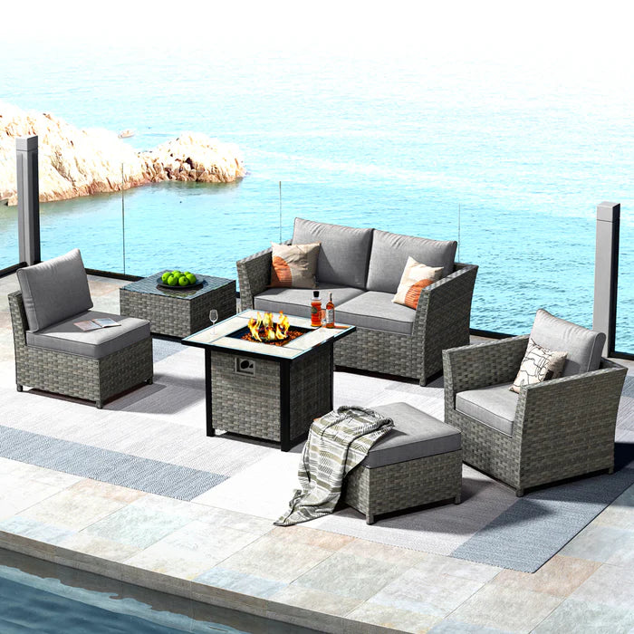 Patio Furniture Set New Rimaru 7-Piece Set include 30'' Square Fire Pit Table Partially Assembled