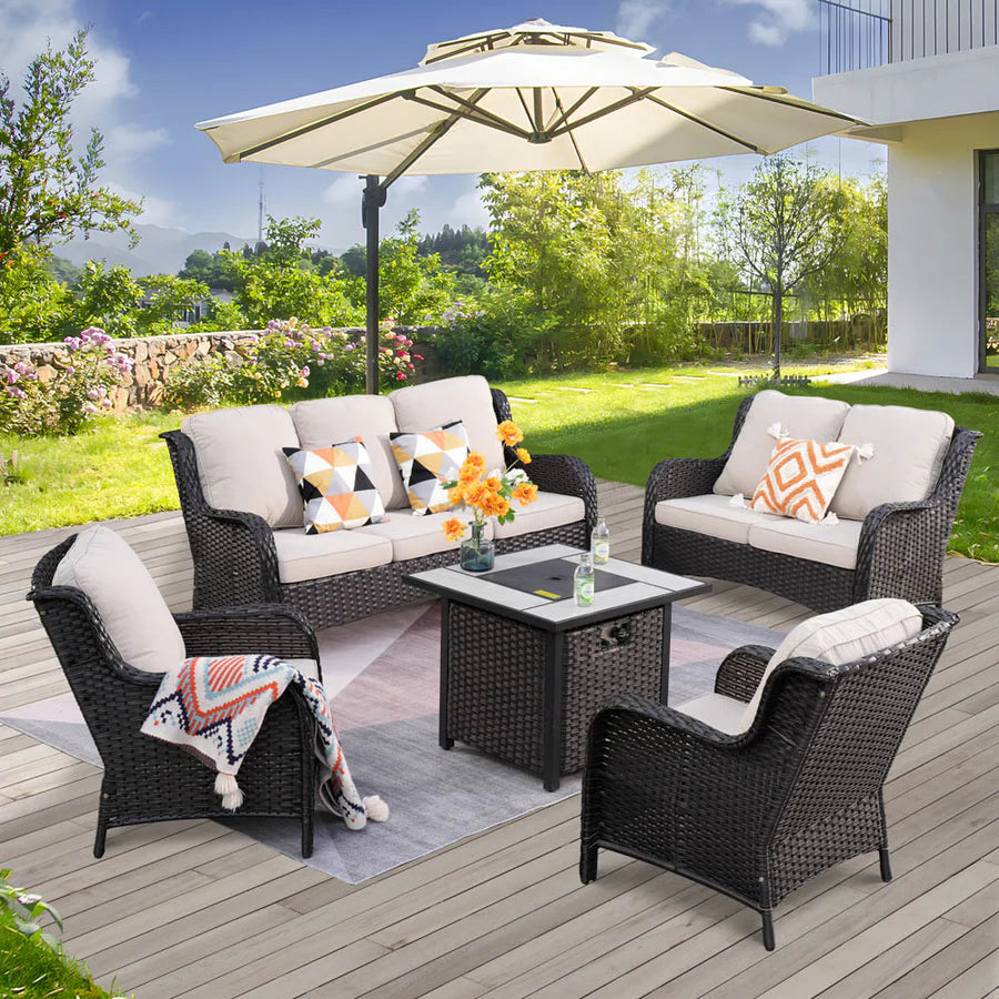 Patio Kenard 5-Piece Conversation Set with 30'' Fire Pit Table and Loveseat