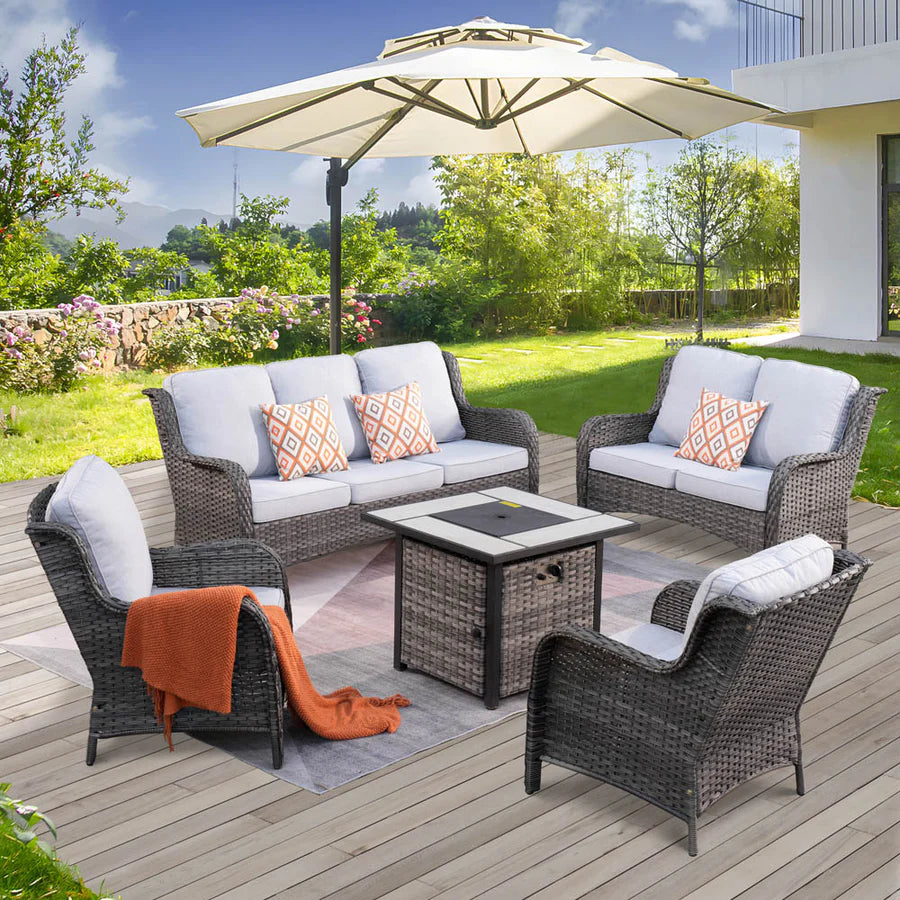 Patio Kenard 5-Piece Conversation Set with 30'' Fire Pit Table and Loveseat