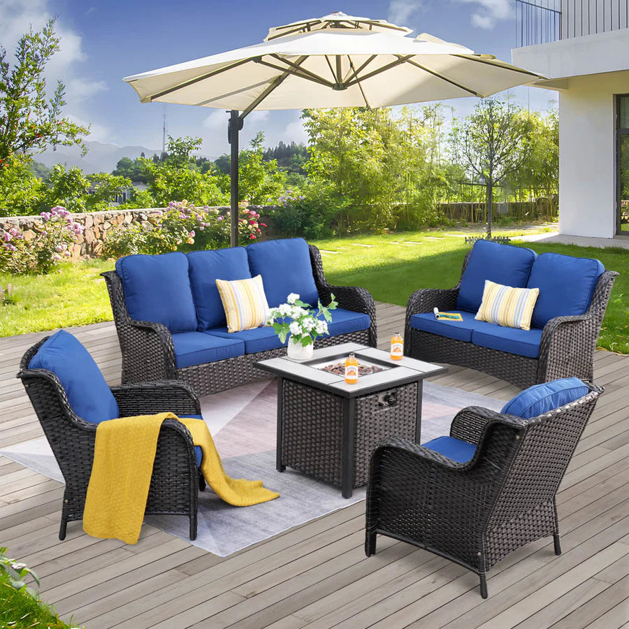 Patio Kenard 5-Piece Conversation Set with 30'' Fire Pit Table and Loveseat