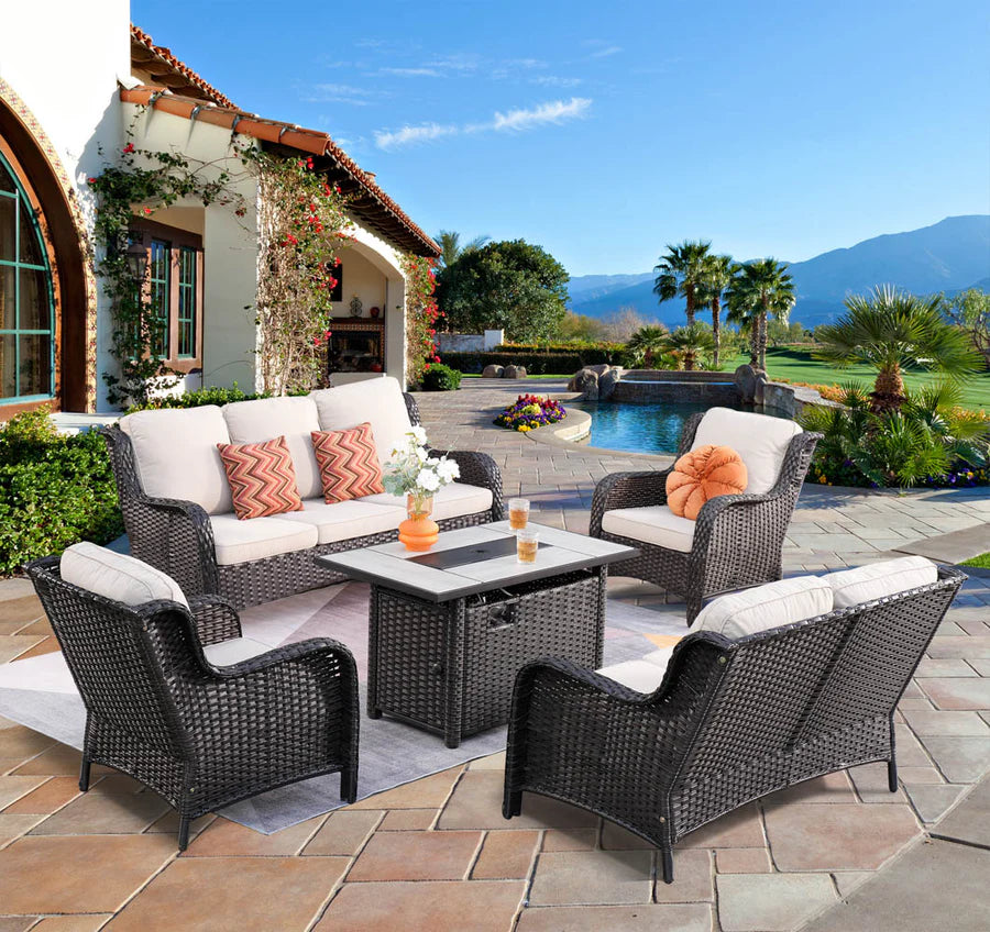 Patio Kenard 5-Piece Conversation Set with 42'' Fire Pit Table and Loveseat