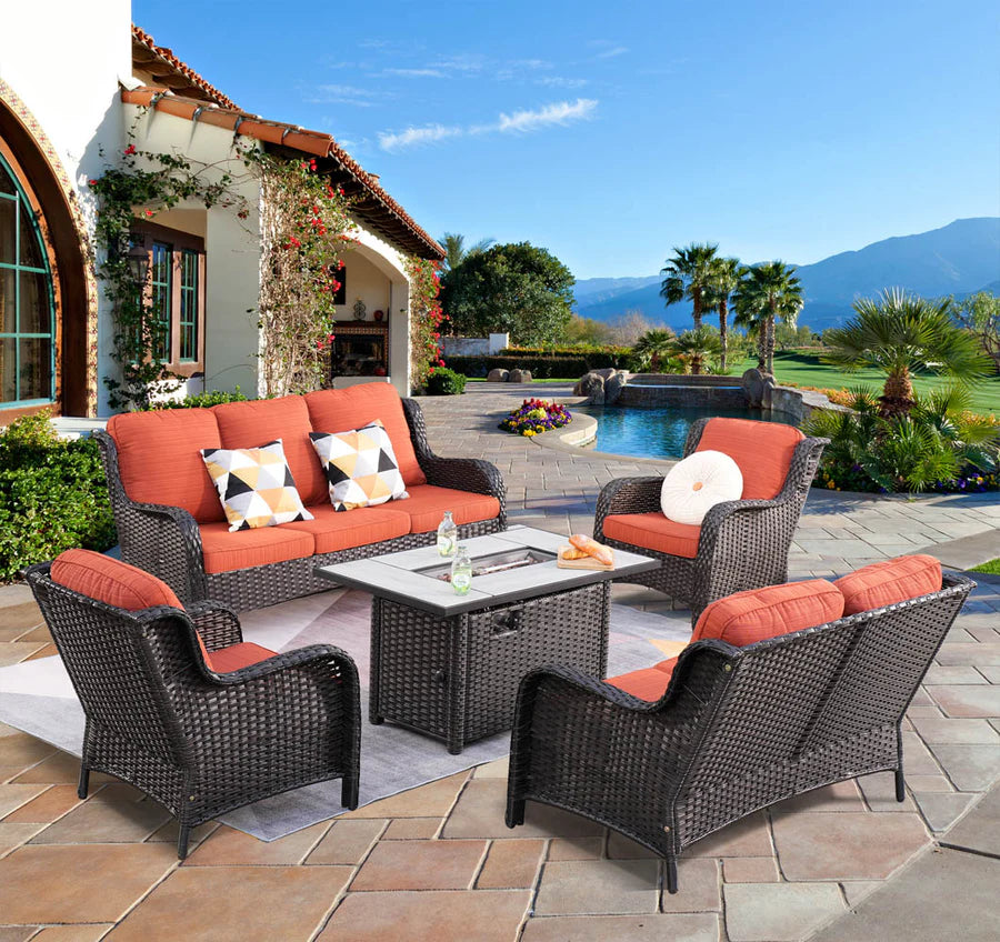 Patio Kenard 5-Piece Conversation Set with 42'' Fire Pit Table and Loveseat