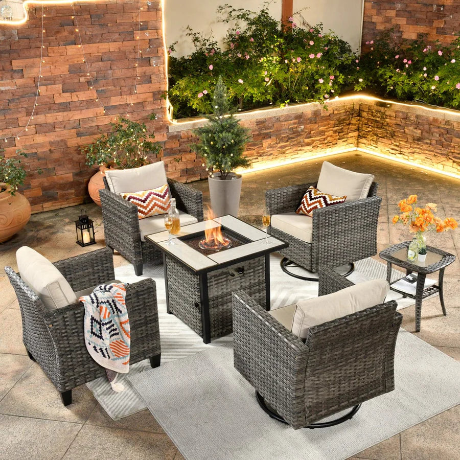 Patio Vultros 6-Piece Conversation Set, 2 Swivel Chairs 2 Chairs with 30'' Propane Fire Pit Table
