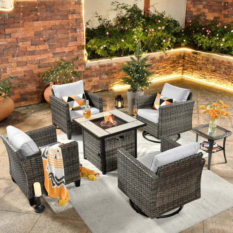 Patio Vultros 6-Piece Conversation Set, 2 Swivel Chairs 2 Chairs with 30'' Propane Fire Pit Table
