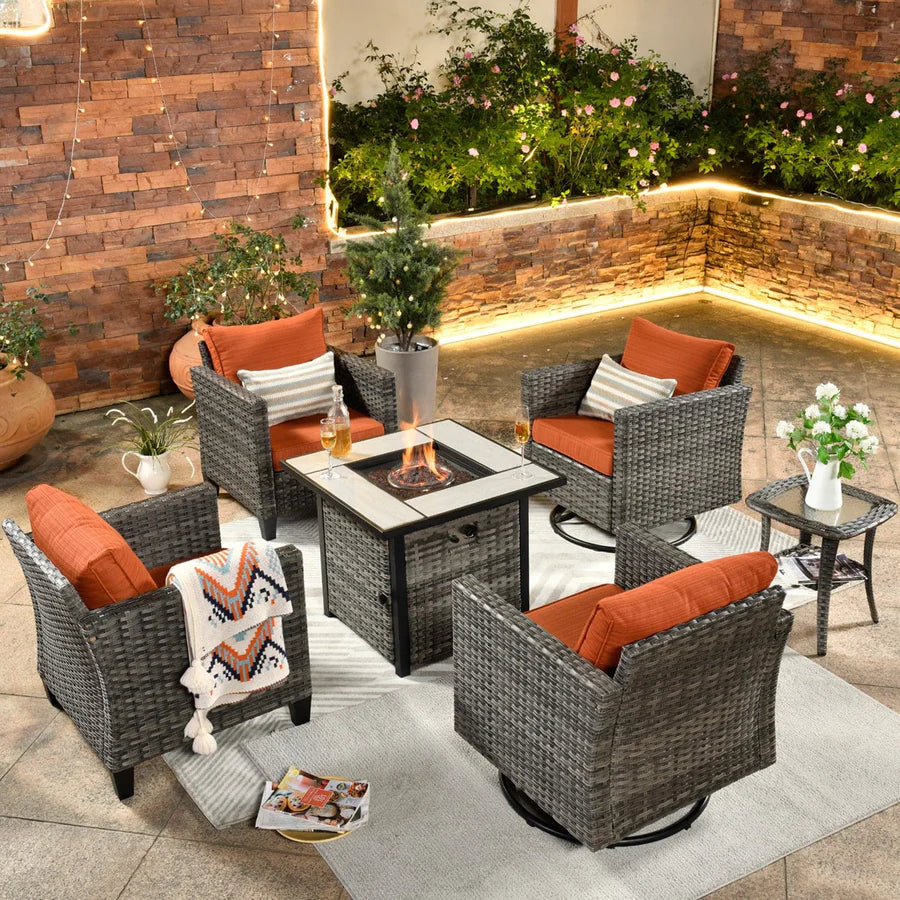 Patio Vultros 6-Piece Conversation Set, 2 Swivel Chairs 2 Chairs with 30'' Propane Fire Pit Table