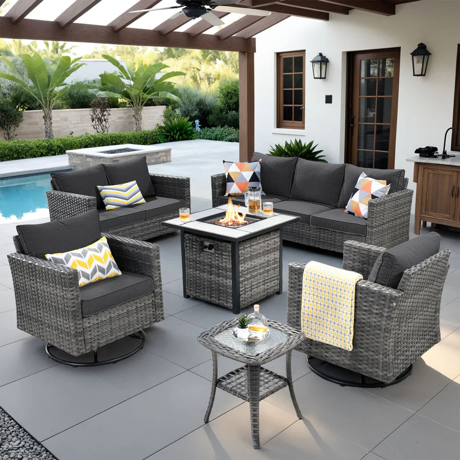 Patio Vultros 6-Piece Set With Swivel Chair Lover seat and 30'' Propane Fire Pit Table