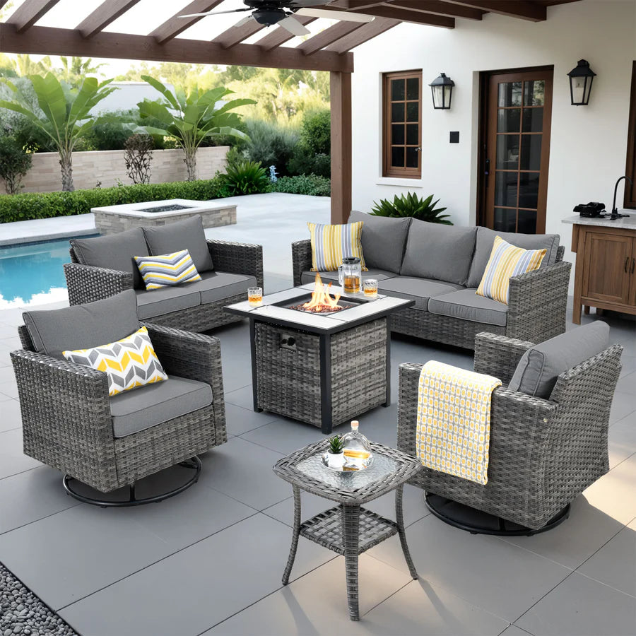 Patio Vultros 6-Piece Set With Swivel Chair Lover seat and 30'' Propane Fire Pit Table