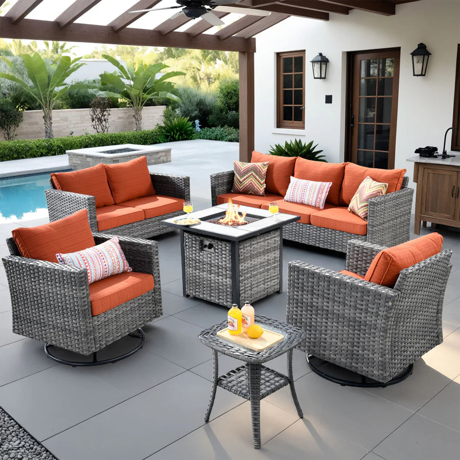 Patio Vultros 6-Piece Set With Swivel Chair Lover seat and 30'' Propane Fire Pit Table