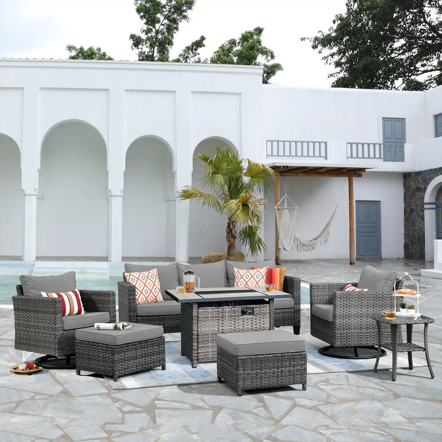 Patio Vultros 7-Piece Set With Swivel Chair and Rectangle 42'' Propane Fire Pit Table