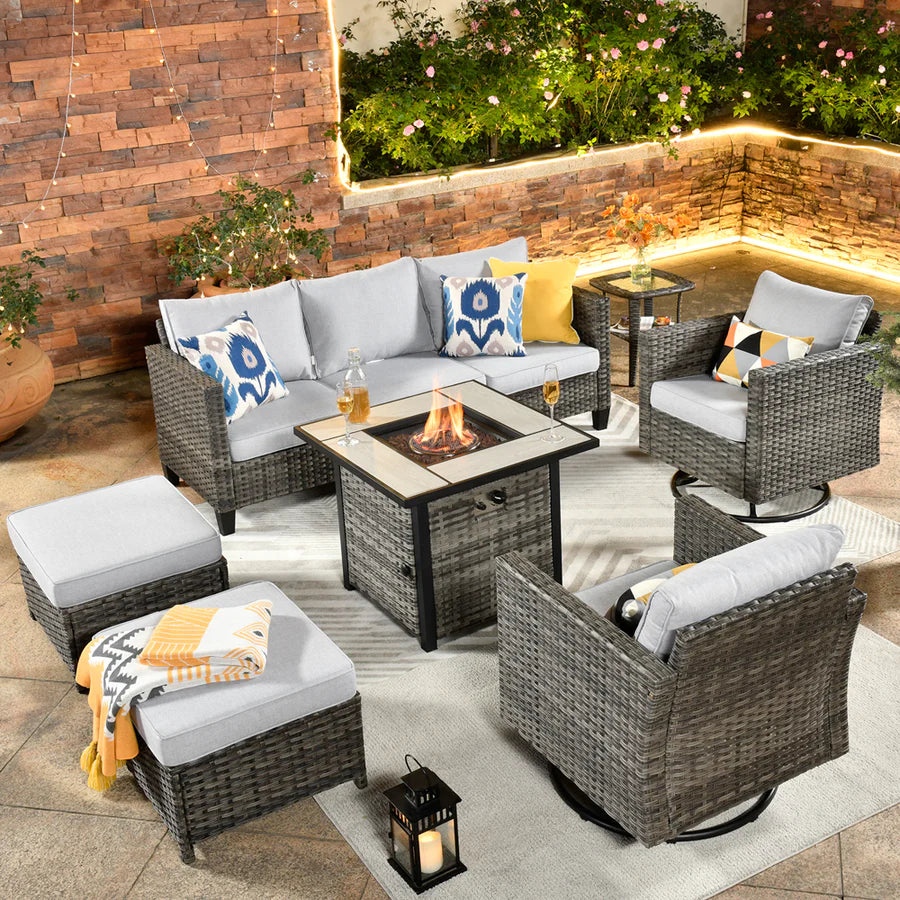 Patio Vultros 7-Piece Set with 2 Rocking chairs and 30'' Propane Fire Pit Table