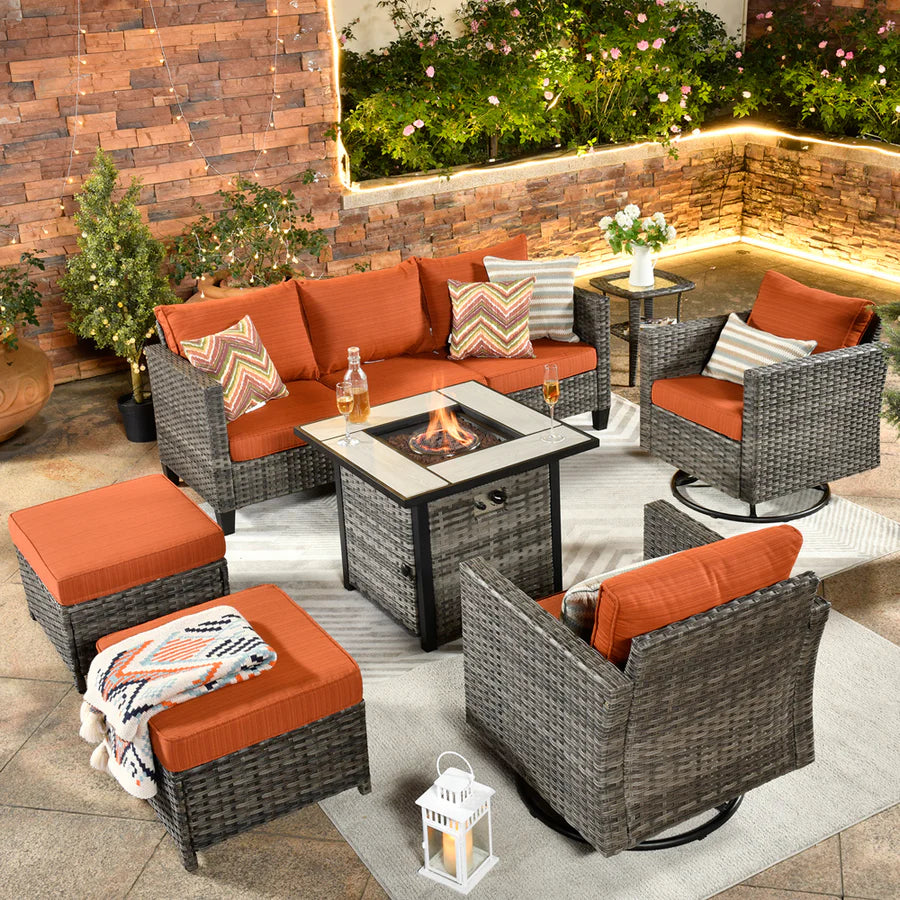 Patio Vultros 7-Piece Set with 2 Rocking chairs and 30'' Propane Fire Pit Table
