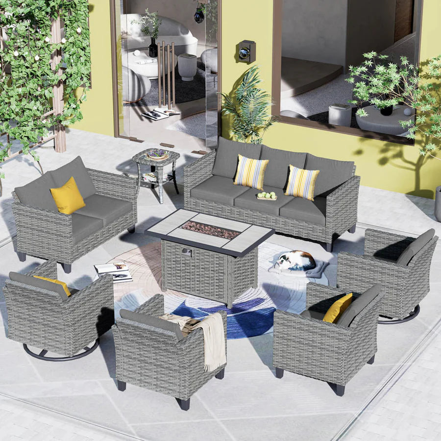 Patio Vultros 8-Piece Set With Swivel Chair and Rectangle 42'' Propane Fire Pit Table
