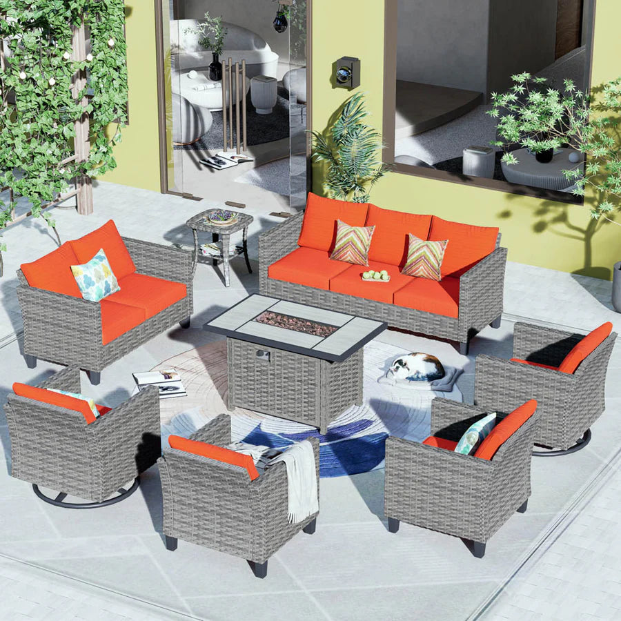 Patio Vultros 8-Piece Set With Swivel Chair and Rectangle 42'' Propane Fire Pit Table