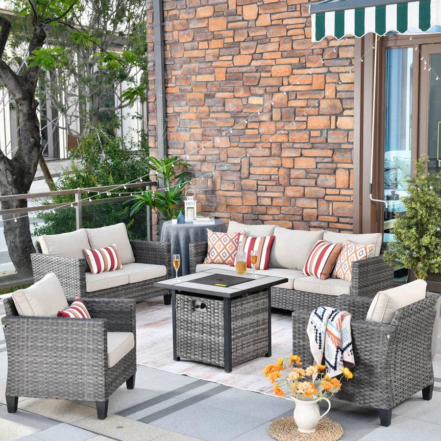 Patio Vultros Furniture Set 7-Person Seating with 30'' Propane Fire Pit Table