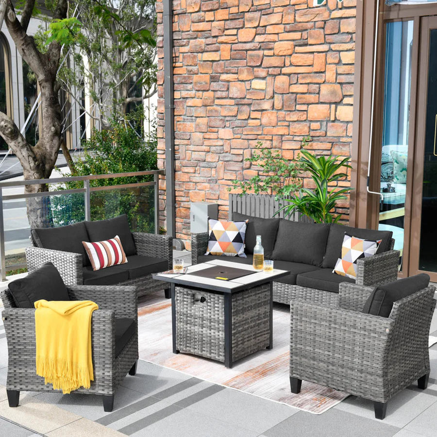 Patio Vultros Furniture Set 7-Person Seating with 30'' Propane Fire Pit Table