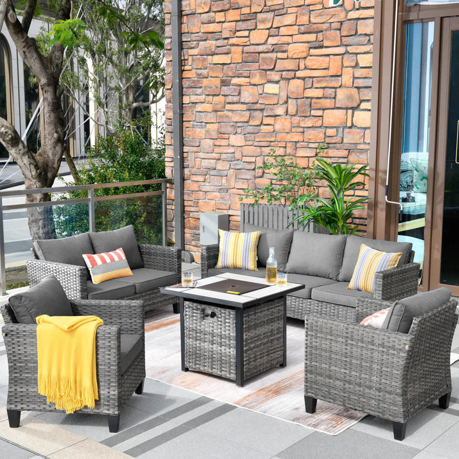 Patio Vultros Furniture Set 7-Person Seating with 30'' Propane Fire Pit Table