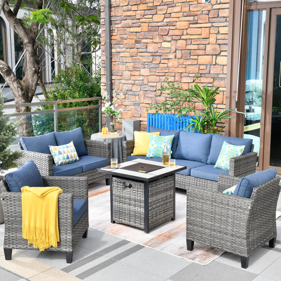 Patio Vultros Furniture Set 7-Person Seating with 30'' Propane Fire Pit Table